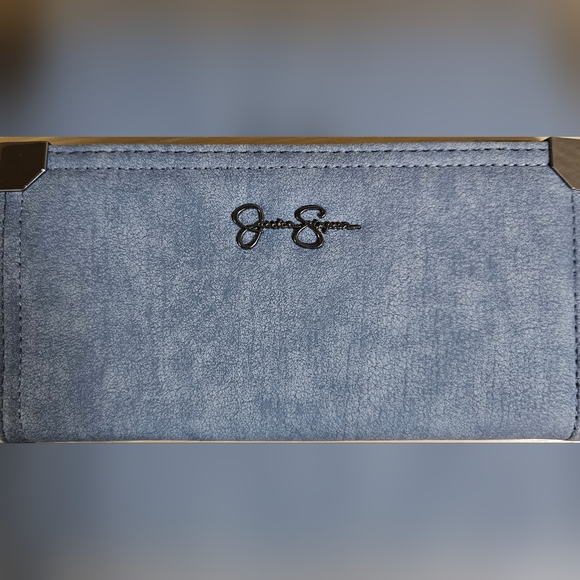 JESSICA SIMPSON DENIM BLUE GUNMETAL SILVER CREDIT CARD ID ZIP AROUND WALLET - Picture 15 of 16